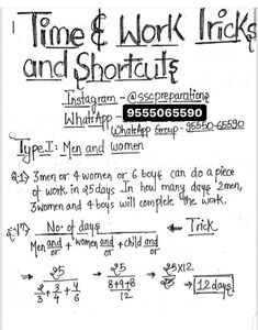 a piece of paper with writing on it that says time & work tricks and shortcuts