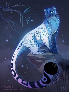 a blue and white cat sitting on top of a tree branch in the night sky