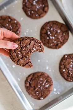 a person holding a chocolate cookie in their hand