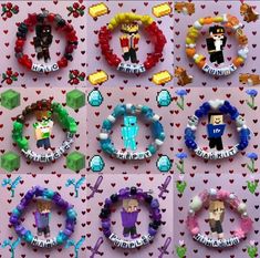 several different bracelets made to look like people in the style of minecraft characters