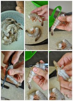 the process of peeling shrimp is shown in four different stages, including removing them from the water