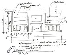 an architectural drawing of a building with drawings on the front and side walls, along with other details