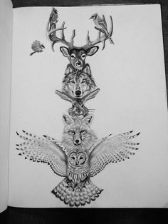 a drawing of three owls and two deers with birds on their heads in the middle