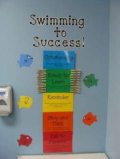 there is a sign that says swimming to success on the side of a bathroom wall