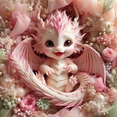 a pink and white dragon surrounded by flowers