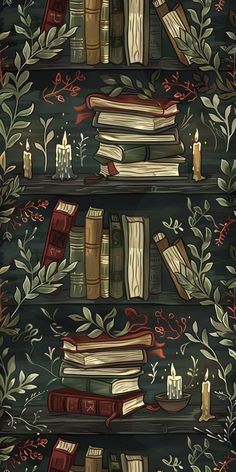 a painting of books on shelves with candles