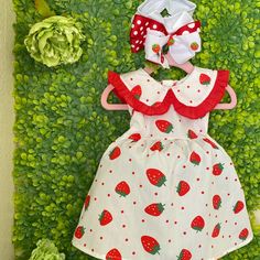 Very Trending Strawberry Dress With Matching Hand Made Head Band For Your Princess. Bundle For Better Price. Cute White Dress With Strawberry Print, Red Cotton Dress For Playdate, Red Cotton Dress For Play, Cute Red Dress For Play, Red Fitted Dress For Playdate, Red Cotton Casual Dress, Sweet White Play Dress, Red Playful Dress For Playwear, Playful Red Dress For Playwear