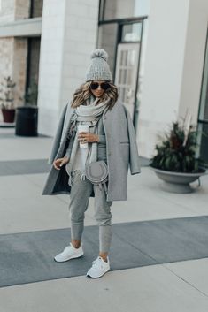 Cozy Greys | Cella Jane Big Jackets, Jogger Outfit, Casual Weekend Outfit, Look Adidas, Cozy Winter Outfits, Joggers Outfit, Grey Outfit, Boots Winter, Grey Coat