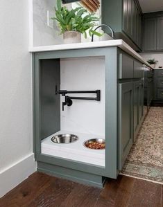 a dog bowl in the corner of a kitchen with green cabinets and white counter tops