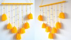 two pictures of a wall hanging with yellow tassels and beads on the sides