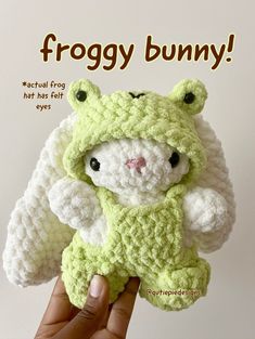 a crocheted frog stuffed animal with the caption froggy bunny