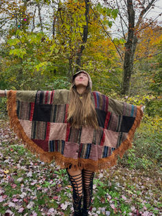 Mulch Patchwork Buttoned Poncho Winter Hoodie Body Decor, Winter 23