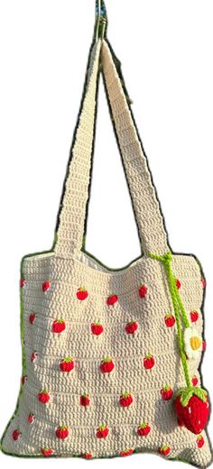 Cute Handmade Crochet Bag For Everyday, Cute Handmade Crochet Bag For Everyday Use, Cute Crochet Rectangular Shoulder Bag, Cute Crochet Shoulder Bag For Everyday Use, Cute Handmade Crochet Tote Bag, Cute White Crochet Tote Bag, Cute Crochet Tote Bag, Strawberry Crochet Bag, Strawberry Purse