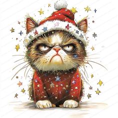 a painting of a cat wearing a santa hat and sweater with stars around its neck