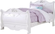 a white bed with purple comforter and pillows on it's headboard, in front of a white background