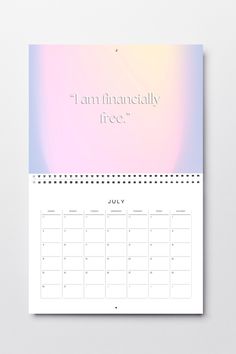 a calendar with the words i am financially free on it and an image of a rainbow - hued background