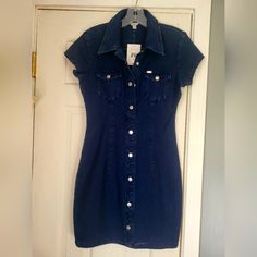 Super Cute, Figure Hugging, Button-Up Denim Dress By Guess. Size Small. Dark Wash Fitted Short Sleeve Denim Dress, Dark Wash Mini Dress With Button Closure, Fitted Knee-length Denim Dress With Buttons, Fitted Button-up Dresses With Snap Buttons, Fitted Mini-length Denim Dress With Buttons, Fitted Denim Dress With Buttons In Mini Length, Fitted Denim Dress With Buttons, Mini Length, Fitted Short Sleeve Denim Dress With Buttons, Dark Wash Button-up Mini Dress With Button Closure