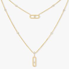 2 Rows Yellow Gold Diamond Necklace Move Uno | Messika 08852-YG Logo Jewelry, Stackable Jewelry, Luxury Jewelry Brands, Yellow Gold Jewelry, Gold Diamond Necklace, Bezel Set Diamond, Layer Design, Double Chain, Original Jewelry