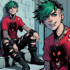 two young men with green hair and piercings sitting on steps next to each other