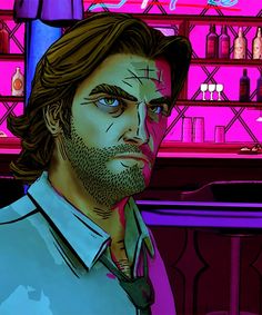 a man with long hair and blue eyes standing in front of a bar filled with liquor bottles