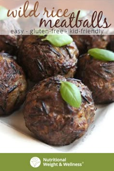 a white plate topped with meatballs covered in green leafy toppings and text that reads, wild rice meatballs easy - gluten - free kid - friendly