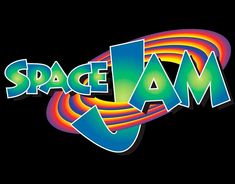 the logo for space jam, which is featured in an animated style with rainbow colors