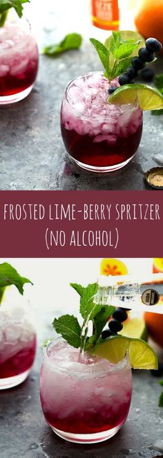 two shots of berry spritzer with mint leaves on the rim, and another shot of fresh fruit