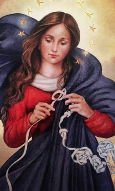 a painting of a woman with stars on her head holding a string in her hands