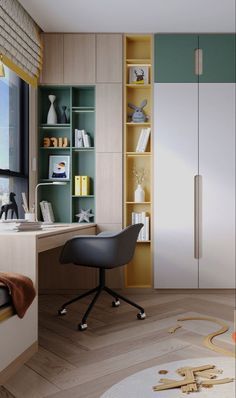 a bedroom with a bed, desk and chair next to a window overlooking the city