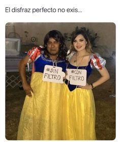 two people dressed up as snow white and the man in yellow is posing for a photo