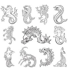 nine different types of dragon symbols in black and white