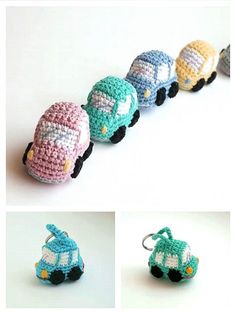 crocheted toy cars are lined up in different colors and sizes, along with the keychain