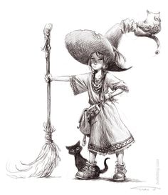 a black and white drawing of a girl with a cat on her back holding a broom