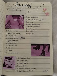 an open notebook with pictures and words on it, including the number three birthday list