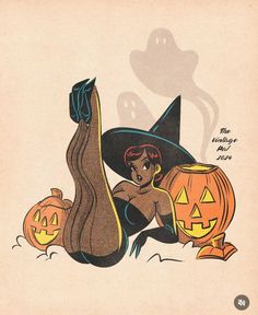 an old fashioned halloween card with a witch on the ground and pumpkins behind her