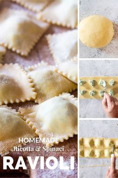 the process of making ravioli with homemade ricotta and spinach sauce is shown