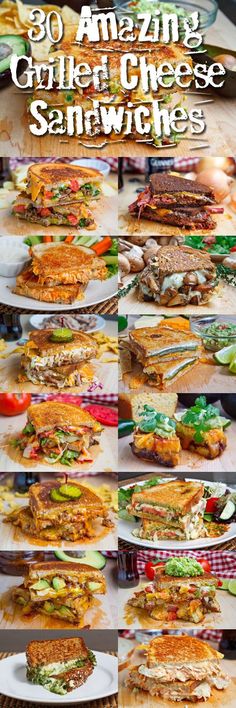 an assortment of sandwiches on plates with the words 30 amazing chicken cheese sandwiches written below