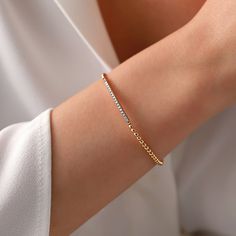 Add a touch of sophistication to your style with the Mon Cheri Diamond Bracelet. Crafted in 18K Gold, this bracelet features shimmering diamonds weighing 0.29 carats. The design is simple yet elegant, perfect for dressing up an outfit or adding a touch of glam to your everyday look. Diamond Gold Bracelet, Diamond Bracelet For Women, Gold Jewellry, Eternity Band Ring, Mon Cheri, Jewelry Diamond, American Diamond, Jewellery Designs, Eternity Bands