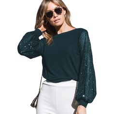 Elevate your wardrobe with the Amaryllis Women's Sequin Embellished Balloon Sleeve Top, a perfect blend of comfort and glamor. This top features a sophisticated boat neckline that flatters all body types and a relaxed fit that ensures all-day comfort. The standout feature is the sequin-embellished balloon sleeves, adding a touch of sparkle and making this top a statement piece for both casual and dressy occasions. The subtle shimmer of the sequins contrasts beautifully with the soft fabric of th Shimmer Top Outfit, Long Sleeve Chiffon Shirt, Balloon Sleeve Top, Boat Neck Tops, Evening Outfits, Chiffon Long Sleeve, Casual Lace, Boat Neckline, Puff Sleeve Top