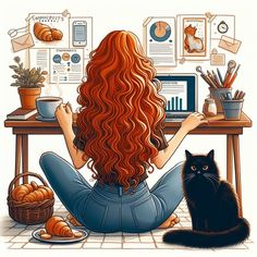 a woman with long red hair sitting in front of a desk next to a black cat