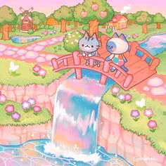 two cats are sitting on a bridge over a waterfall and another cat is standing at the end