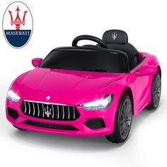 a pink sports car with the maserati logo on it