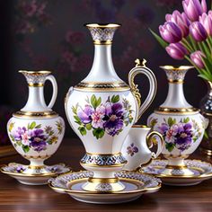 a table topped with vases and plates covered in flowers on top of a wooden table