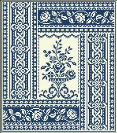 a cross stitch pattern in blue and white with an ornate design on the bottom corner