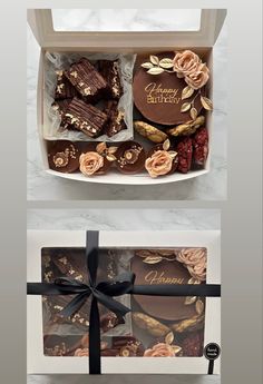 two boxes with different types of chocolates in them