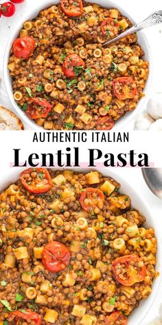 two bowls filled with lenti pasta and topped with tomatoes