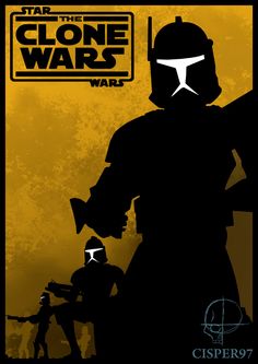 the clone wars poster is shown in black and yellow