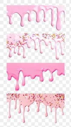 three different pink and white drips with sprinkles on them, one is dripping