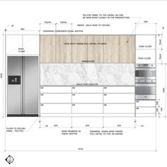 an architectural drawing shows the kitchen cabinets and appliances