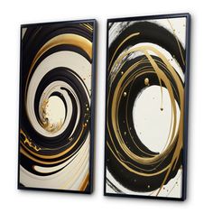 two black and white paintings with gold swirls